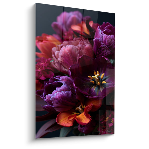 Tableau Tulipes pourpres et orangées aux étamines apparentes - Bouquet dense sur fond sombre - Edition fleur nature