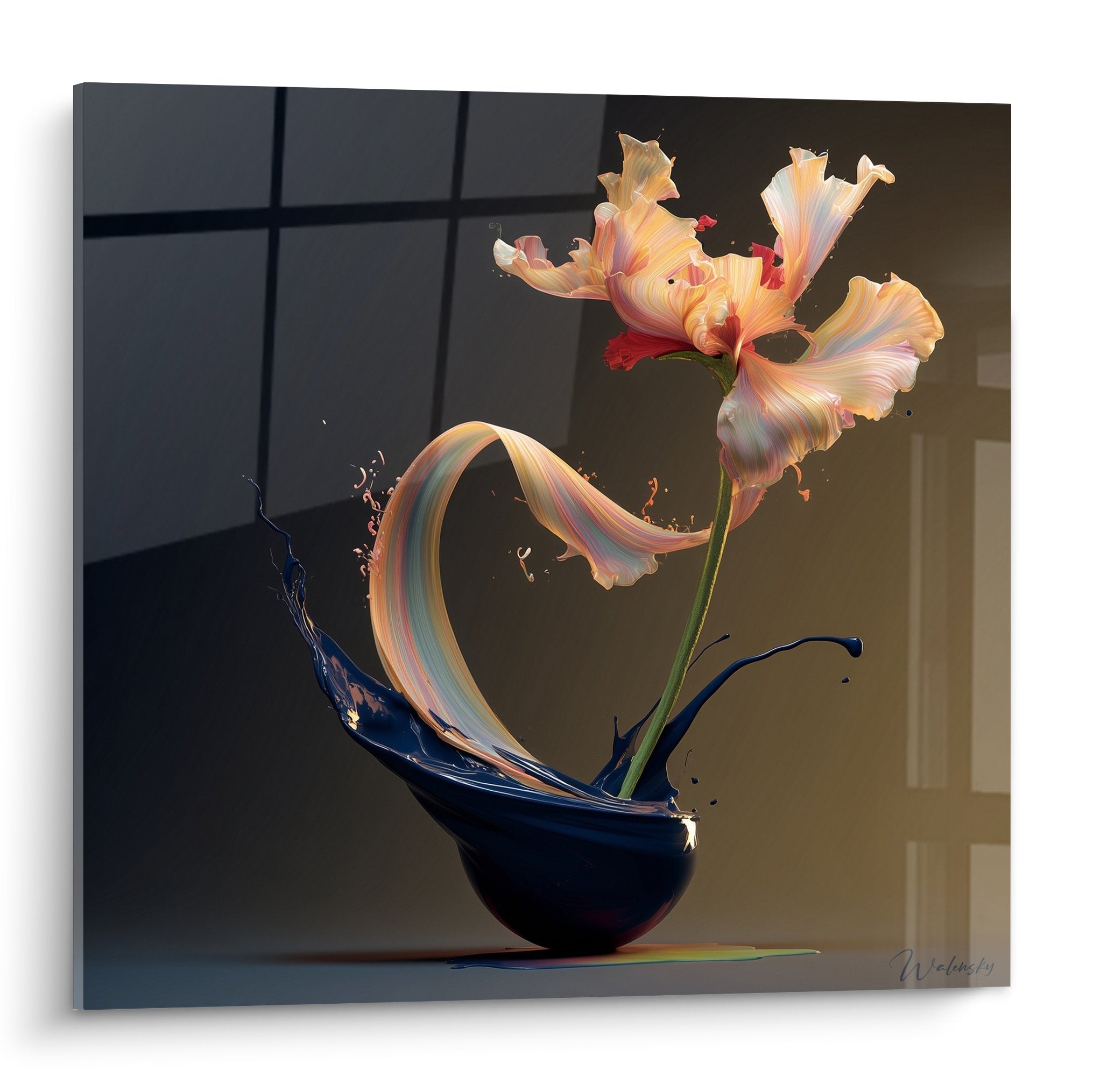 tableau moderne fleur orange eclaboussures bleues vase mouvement dynamique art contemporain ikebana