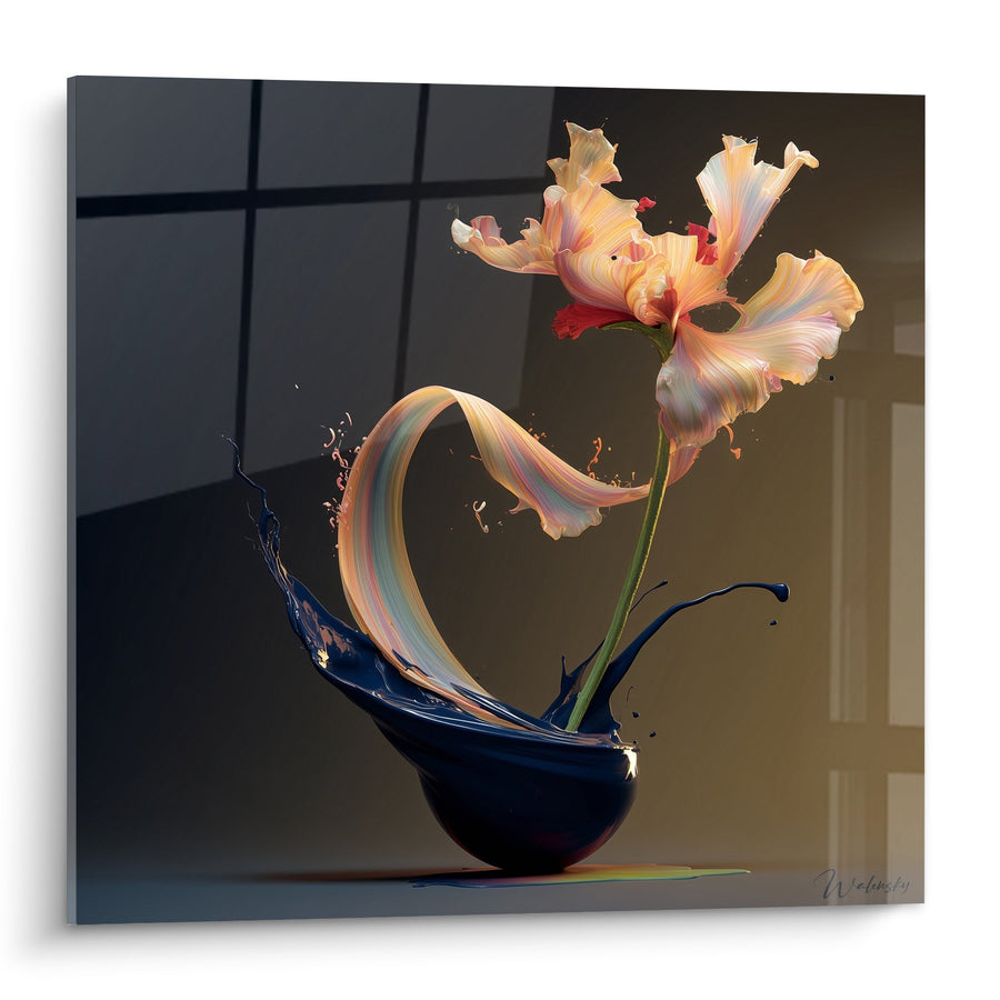 Tableau fleur dynamique éclaboussures bleu orange - Mouvement Gracieux - Edition Ikebana