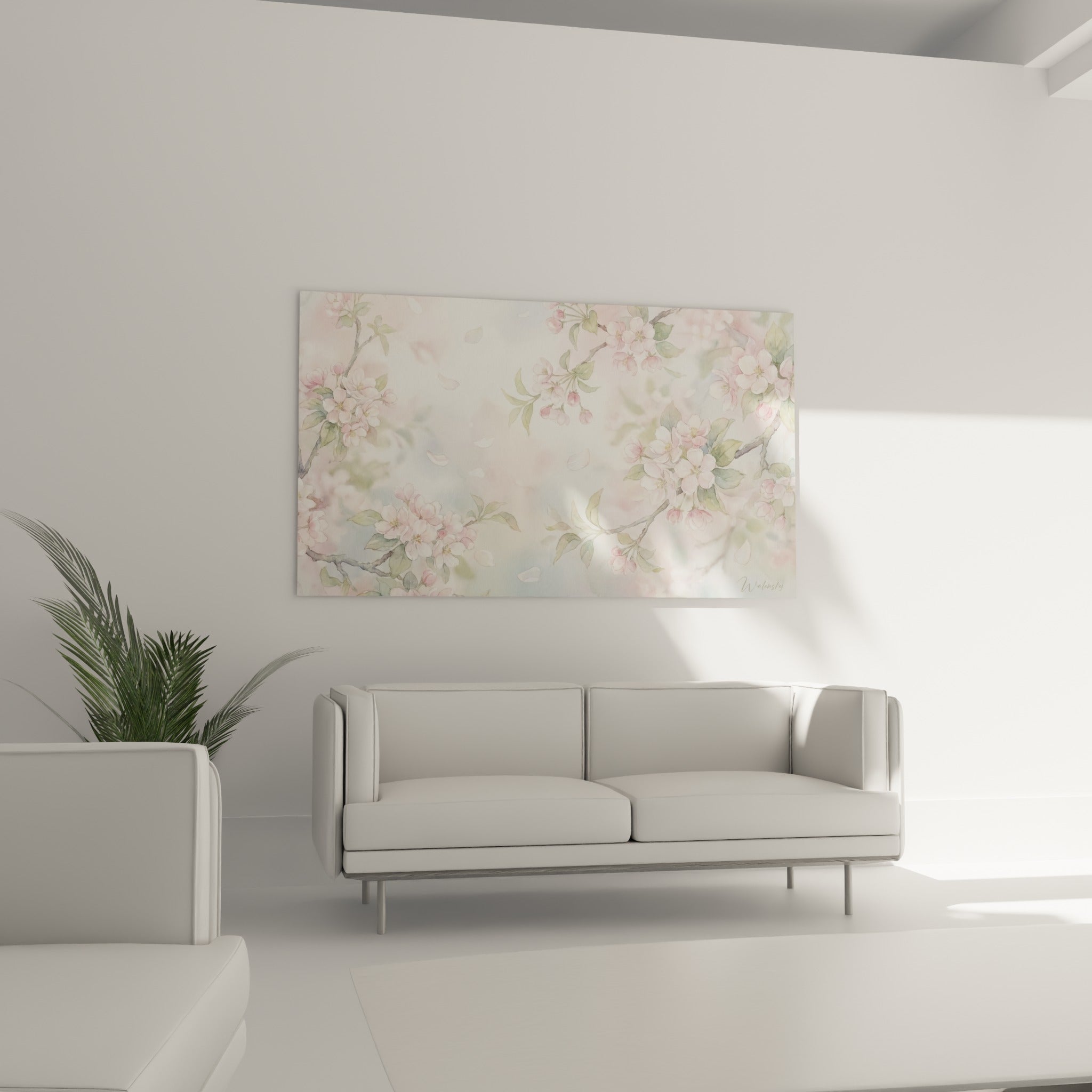 Bouquets de fleurs roses et feuilles vertes délicates au-dessus d'un canapé dans un salon lumineux