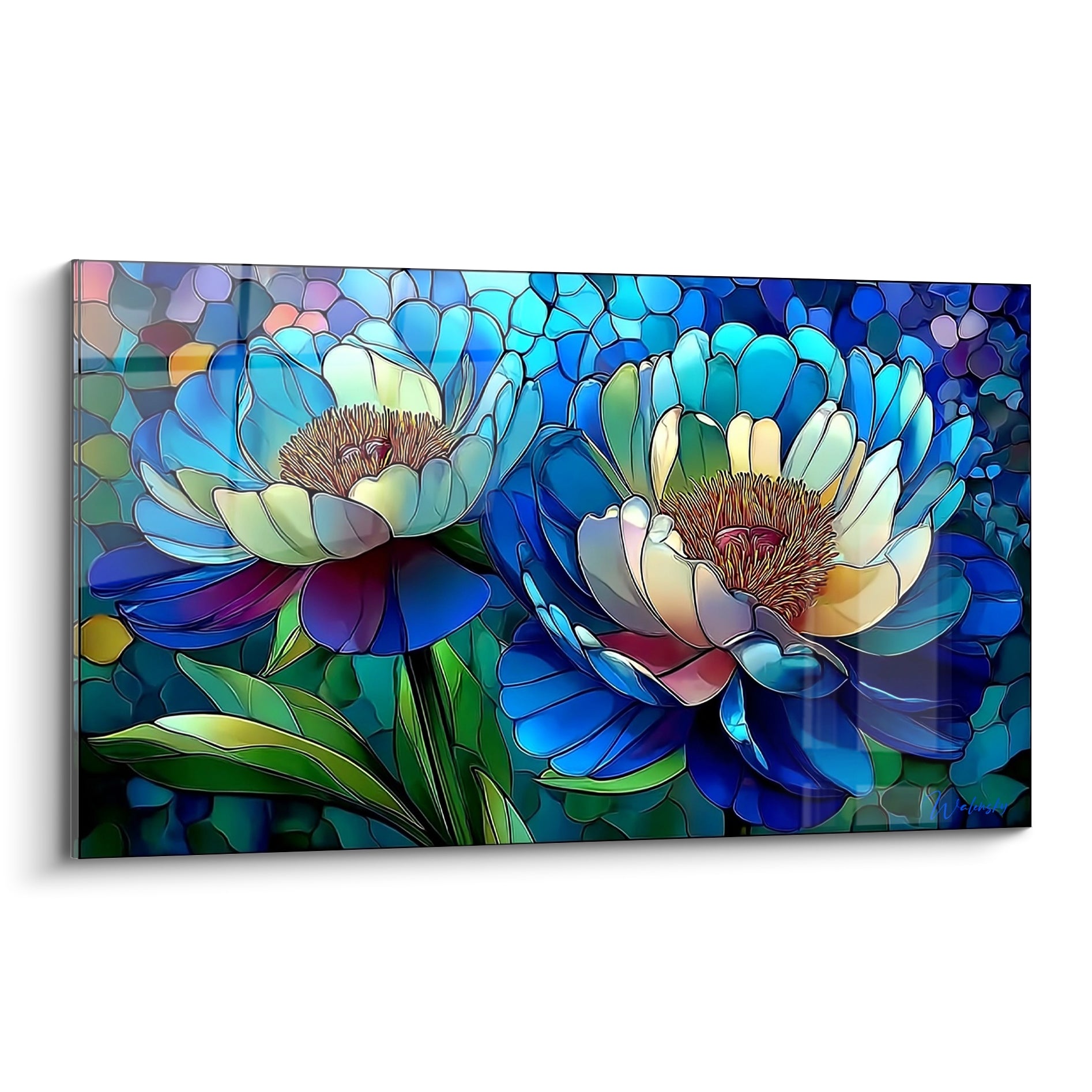 Pivoines bleu roi et crème façon vitrail, pétales cernés de noir, fond turquoise mosaïque