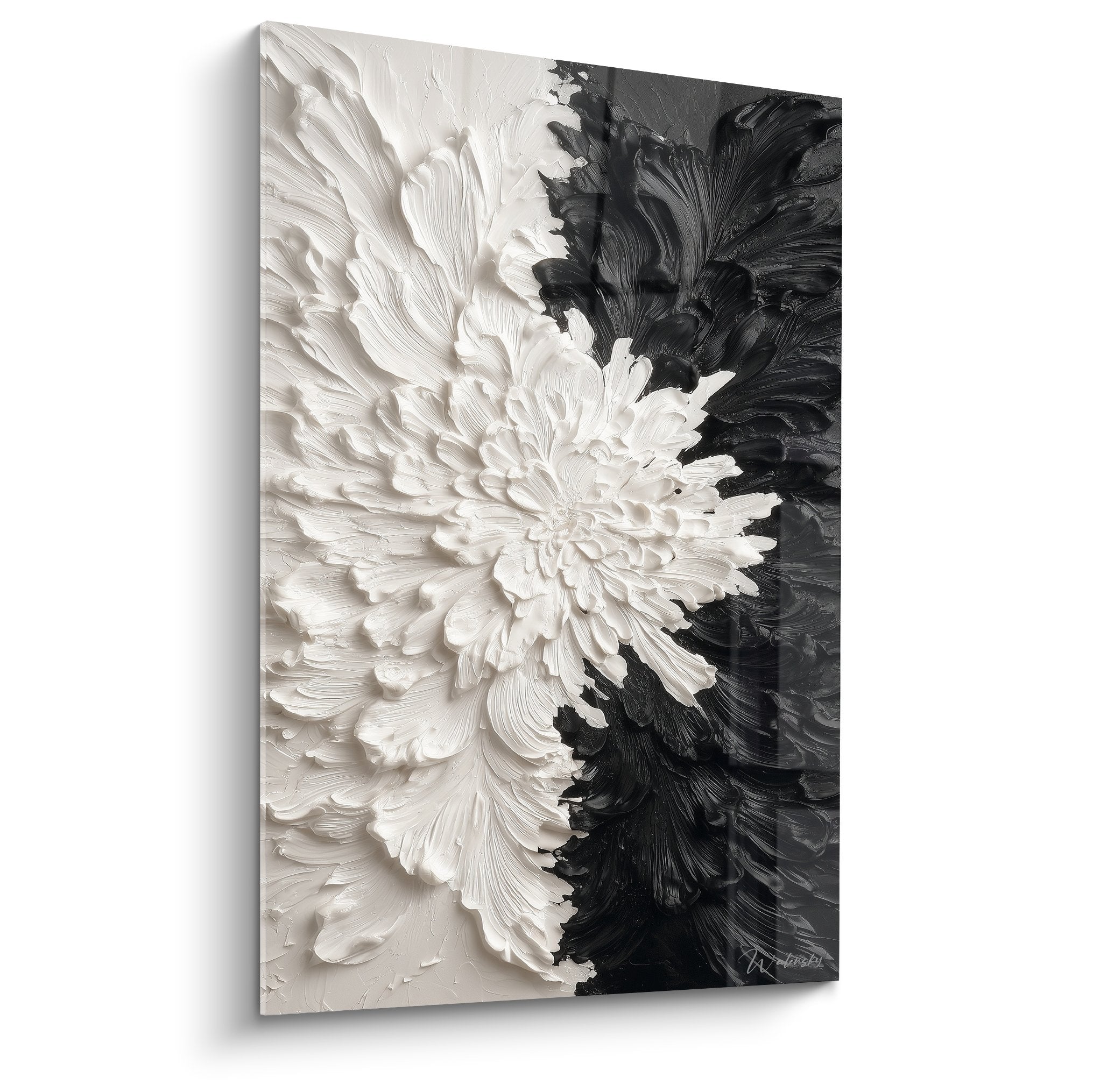 Tableau fleur sculpturale relief blanc noir contraste feng shui metal art contemporain monochrome