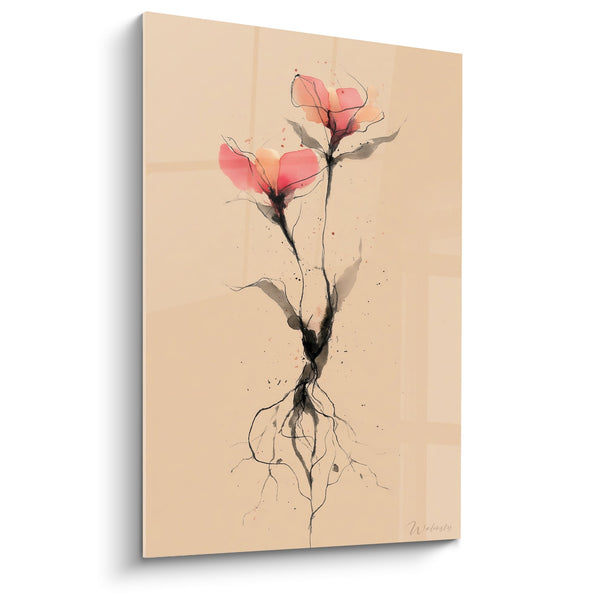 Tableau Fleur Rose Délicate sur Fond Beige avec Racines Apparentes - Floraison Épurée - Edition Ikebana
