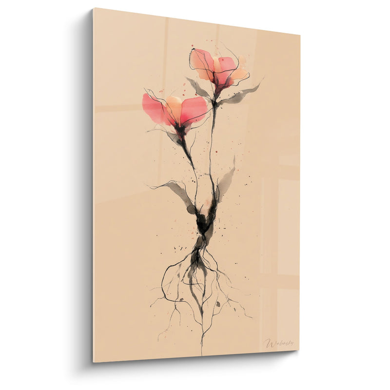 Tableau Fleur Rose Délicate sur Fond Beige avec Racines Apparentes - Floraison Épurée - Edition Ikebana