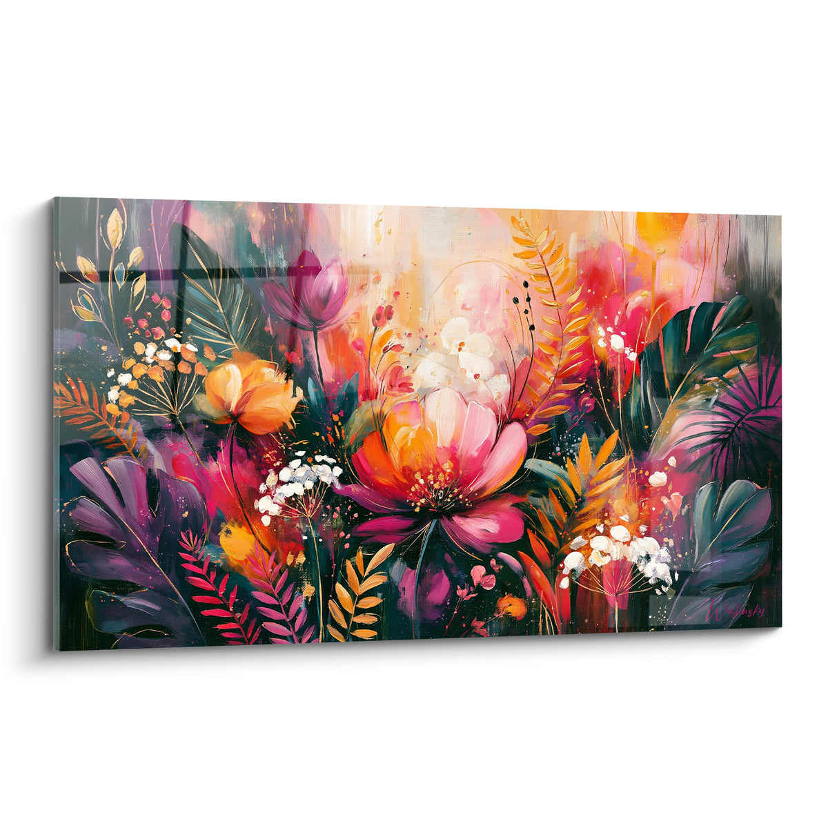 Fleur rose et blanche épanouie entourée de feuillage anthracite et violet, style peinture botanique expressive