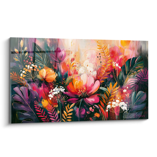 Tableau Fleur rose et orange feuillage anthracite - Jardin flamboyant - Edition Fleur