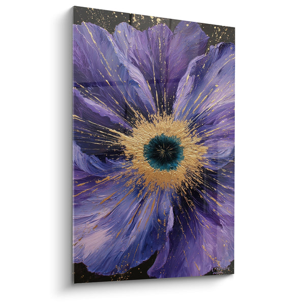 Schilderij Reuzenbloem Paars met Gouden Sprankelingen - Stralende Energie - Feng Shui Editie Zuidoost Hout