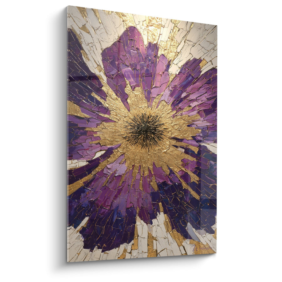 Tableau Fleur Abstraite Violette et Or aux Effets de Matière Craquelée - Éclat Doré - Edition Feng shui Sud-Est Bois