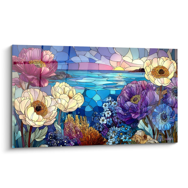 Tableau Fleurs vitrail bleu et violet au coucher de soleil - Vitrail du rivage - Edition Fleur