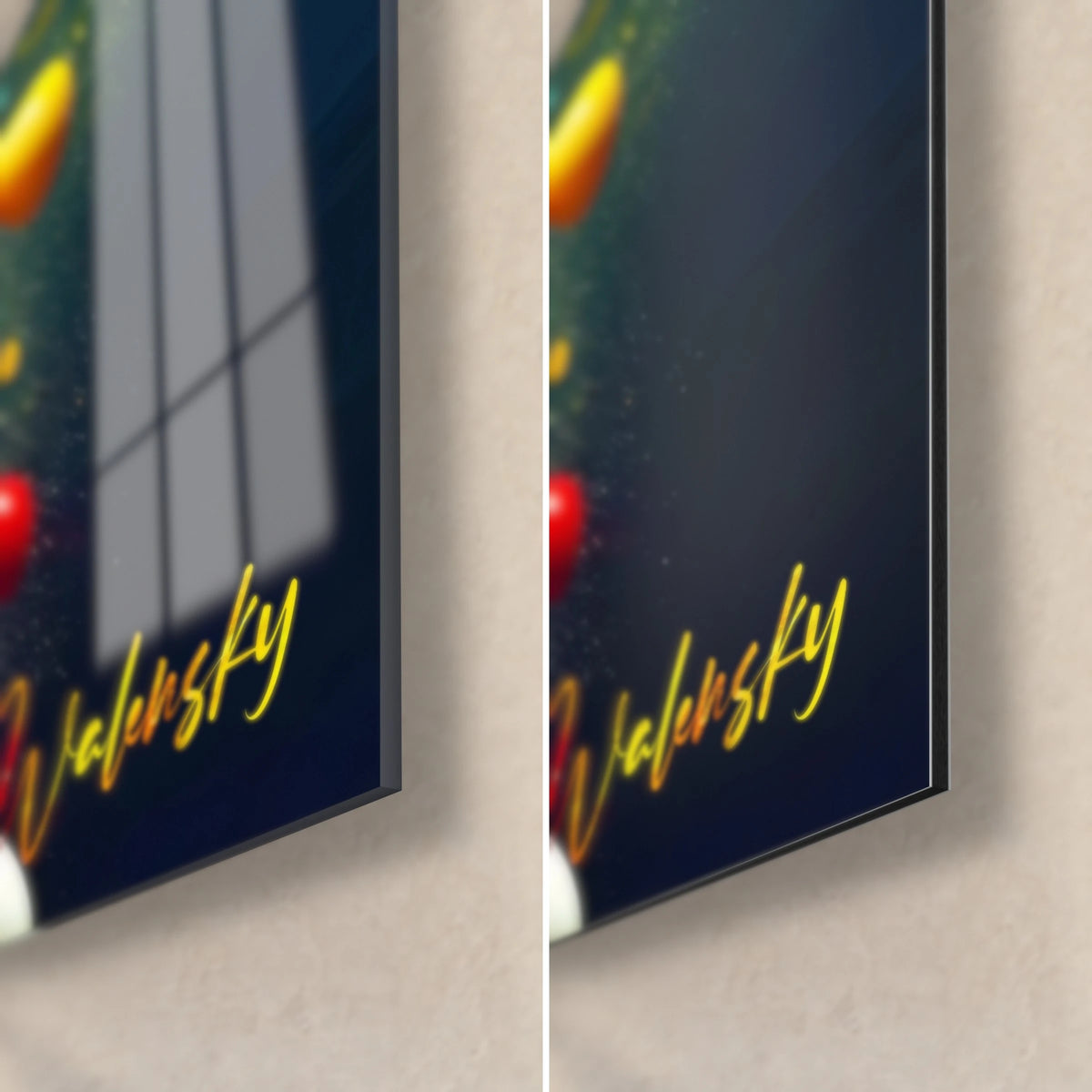 Tableau feu d'artifice de couleurs, coin bas droit : verre brillant reflétant une fenêtre, Dibond mat bleu nuit et signature jaune