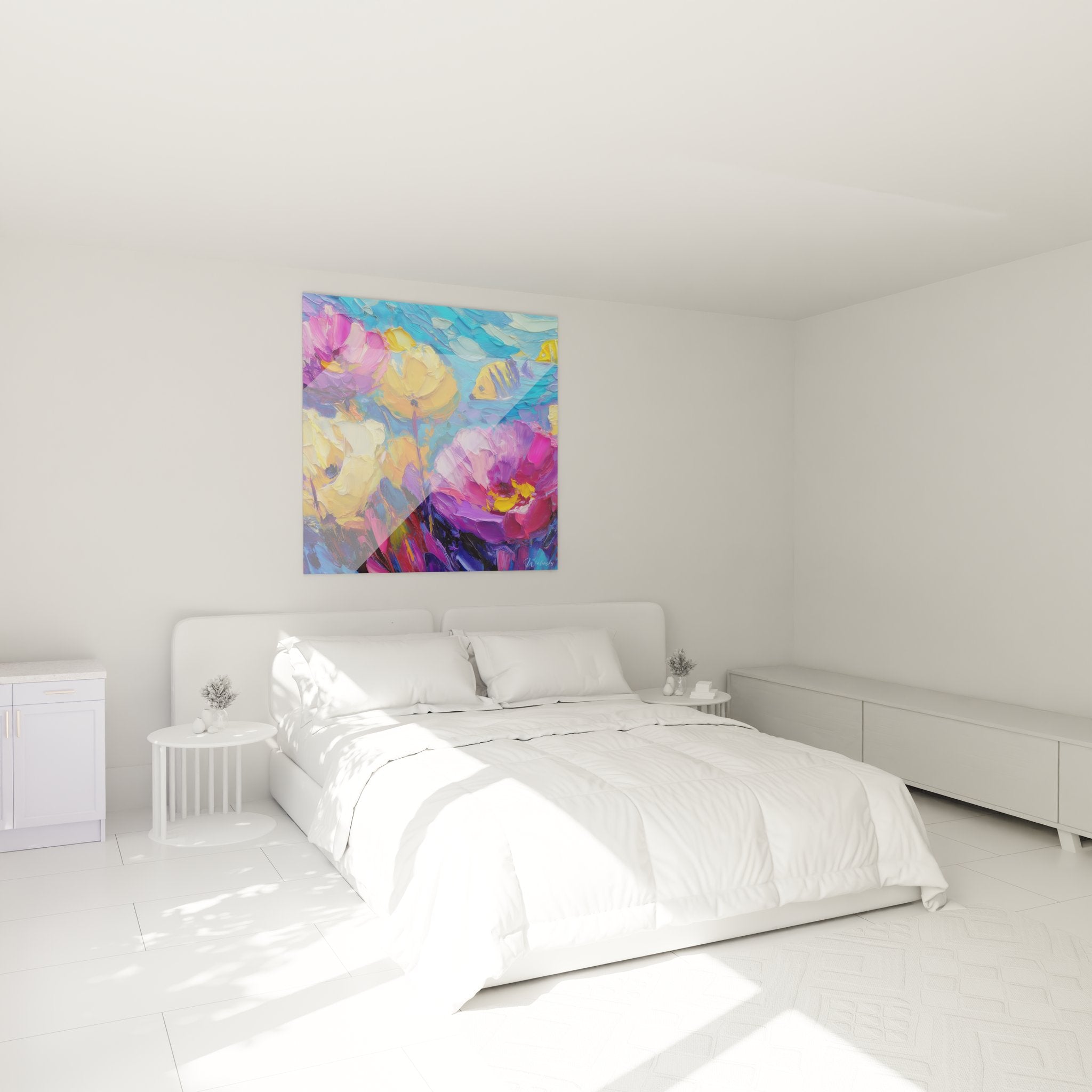 Ambiance chambre avec tableau fleurs abstraites colorées décoration murale moderne