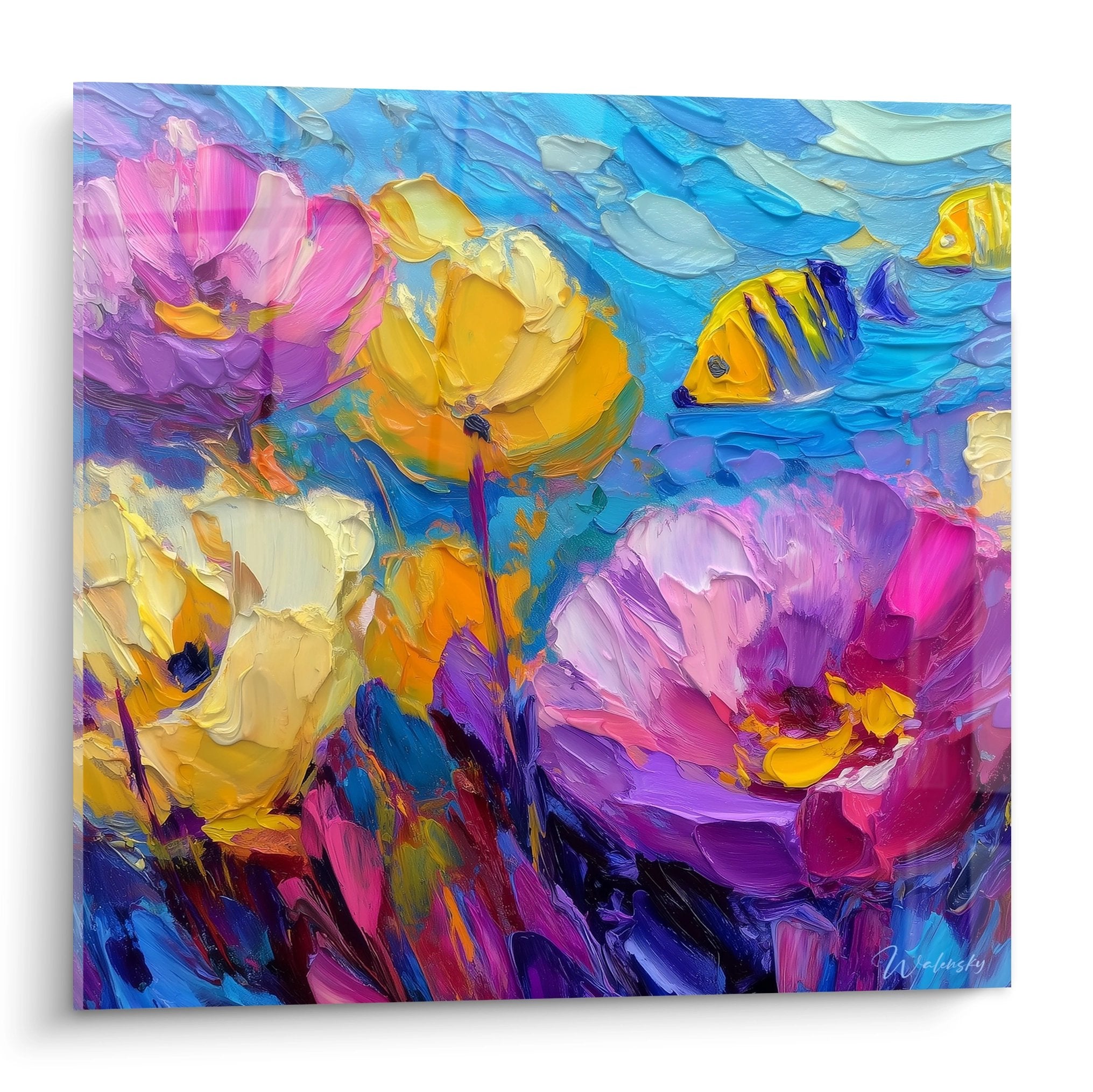 Tableau mural fleurs abstraites colorées style moderne peinture épaisse violet jaune bleu