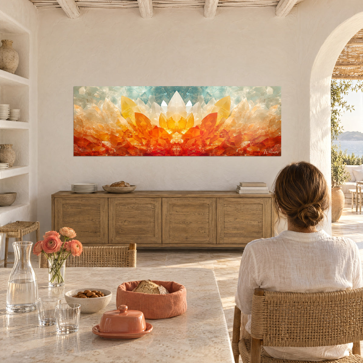 Gemälde floraler Mandala aus bernstein- und türkisfarbenen Kristallen über einem Steintisch, Frau von hinten, Strauß roter Tulpen