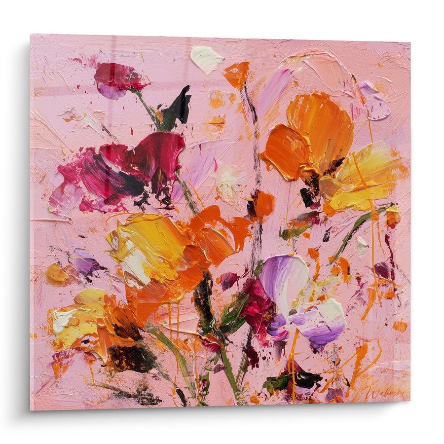Tableau fleurs abstraites rose et orange explosives - Floraison énergétique - Edition Feng shui Sud-Ouest Terre