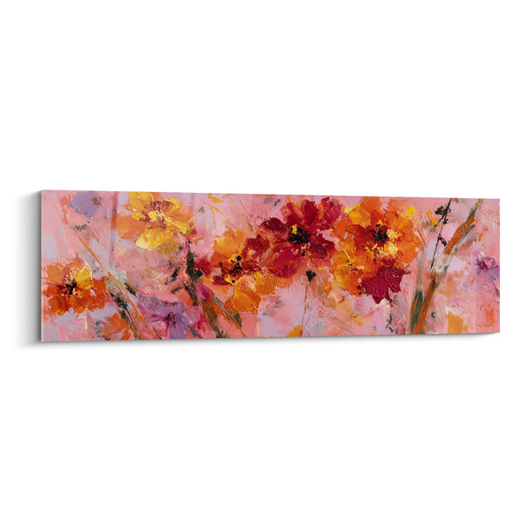 Abstract bloemen schilderij roze en oranje tinten op zachte achtergrond - Bloemistische explosie - Feng Shui Zuid-West Aarde editie