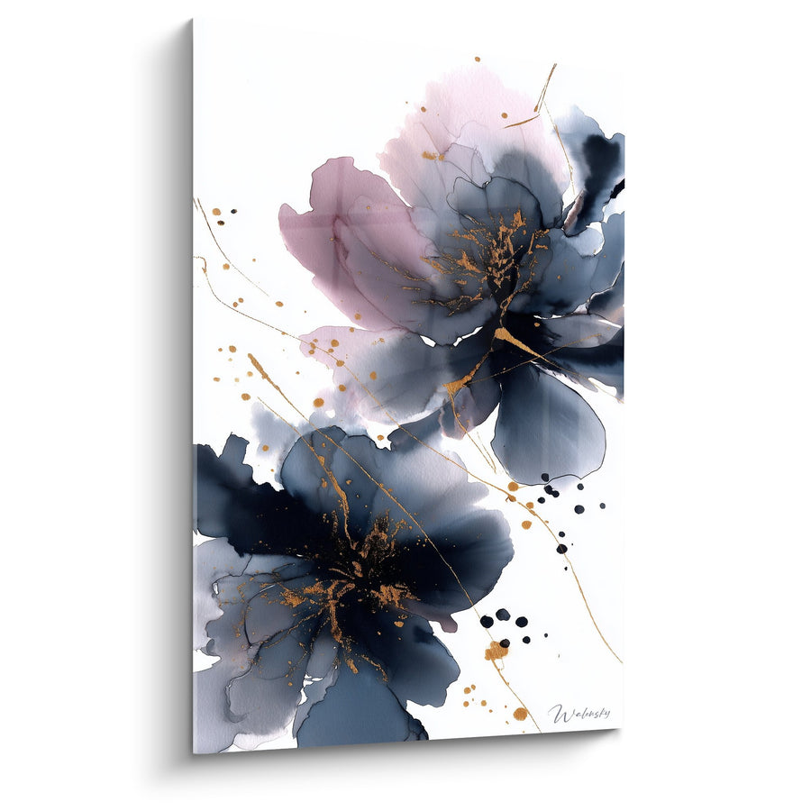 Tableau Fleurs Aquarelle Roses Grises et Dorées - Élégance Florale - Edition Feng shui Sud-Est Bois