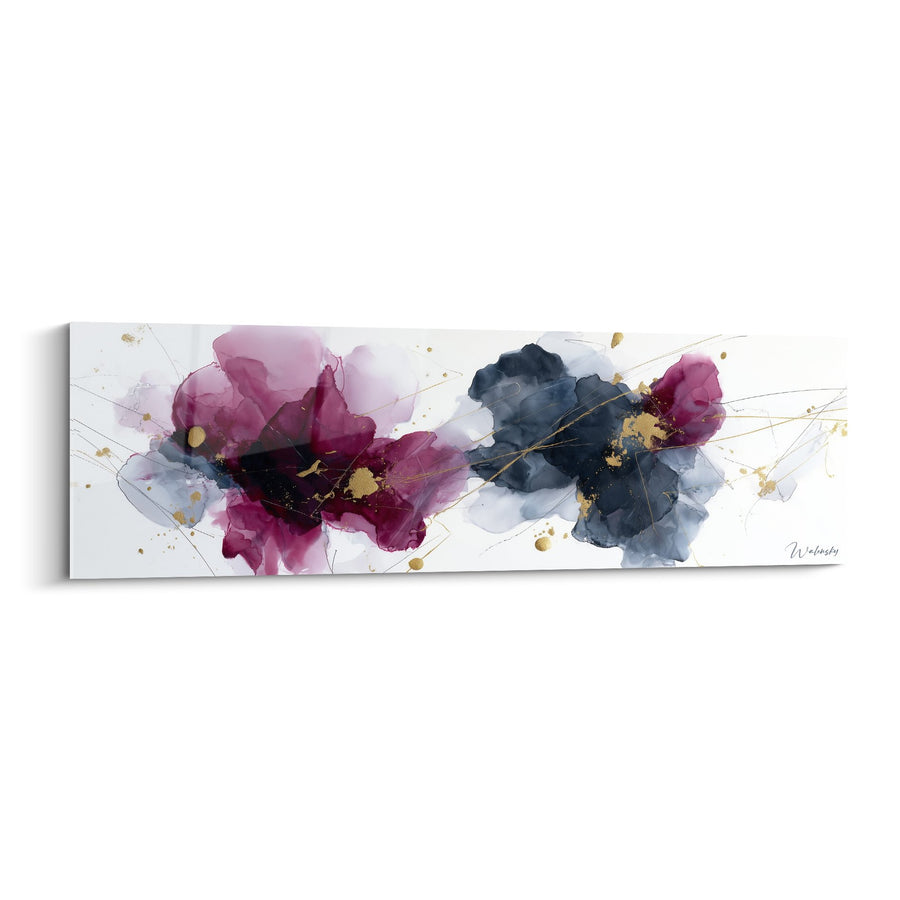 Tableau fleurs aquarellées violettes et bleues avec touches dorées - Harmonie Florale - Edition Feng shui Sud-Est Bois