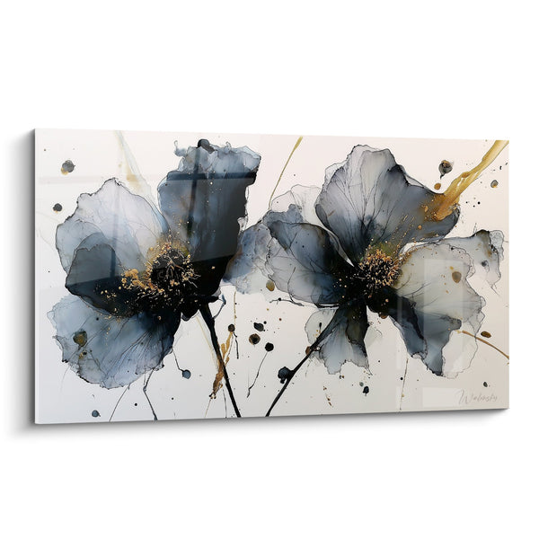 Tableau Fleurs Aquarelles Grises et Or - Élégance Florale - Edition Marbre abstrait