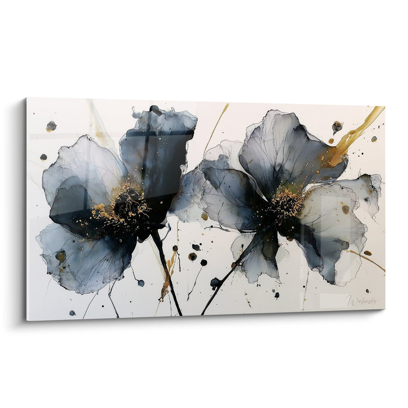 Quadro Fiori Acquerelli Grigi e Oro - Eleganza Floreale - Edizione Marmo astratto