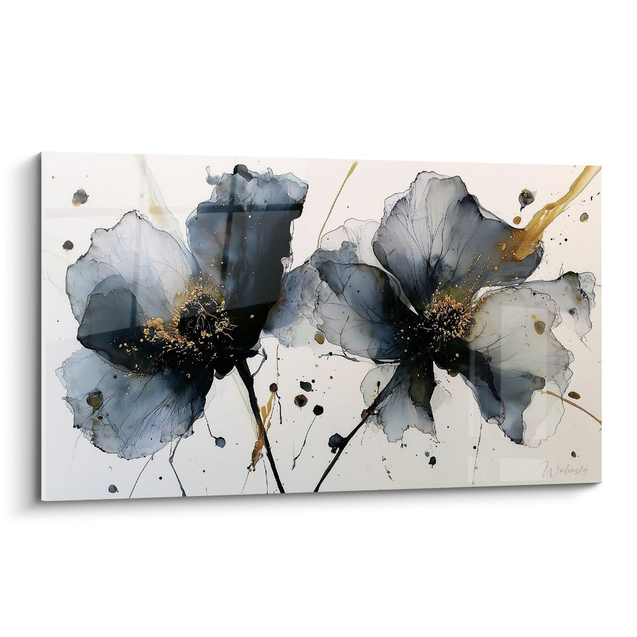 Gemälde Blüten Aquarelle Grau und Gold - Florale Eleganz - Abstrakte Marmorausgabe