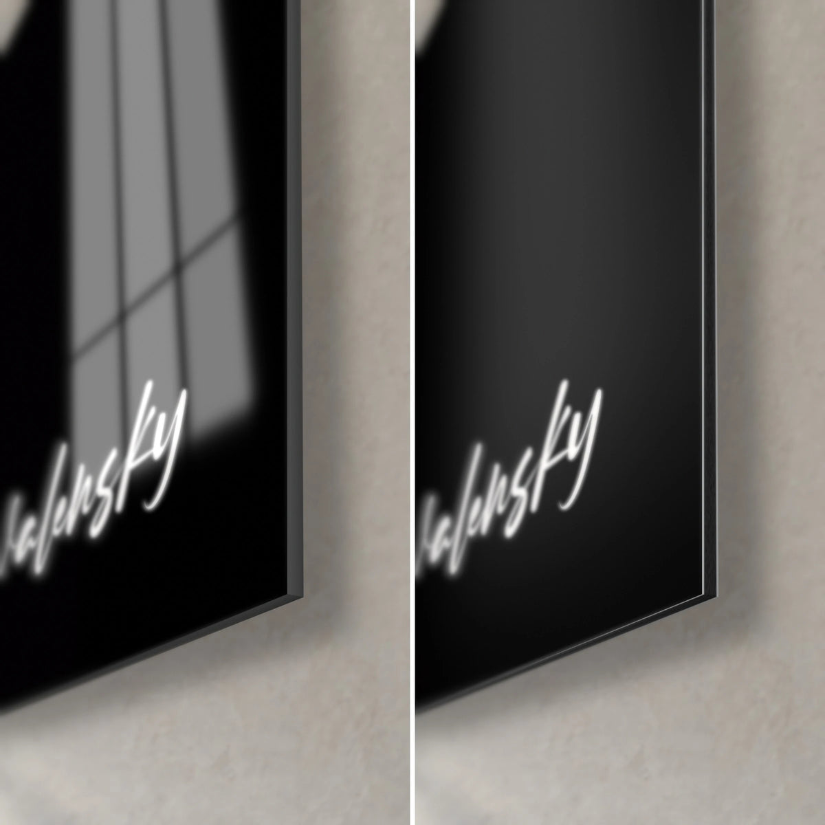 Wall art Japanese black and white cherry tree, bottom right corner, glossy glass on the left, matte Dibond on the right, 3 mm edge
