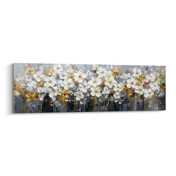 Cuadro de flores blancas y doradas sobre fondo gris antracita - Armonía Metálica - Edición Feng Shui Oeste Metal