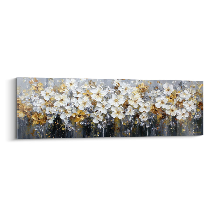 Tableau fleurs blanches et dorées sur fond gris anthracite - Harmonie Métallique - Edition Feng shui Ouest Métal