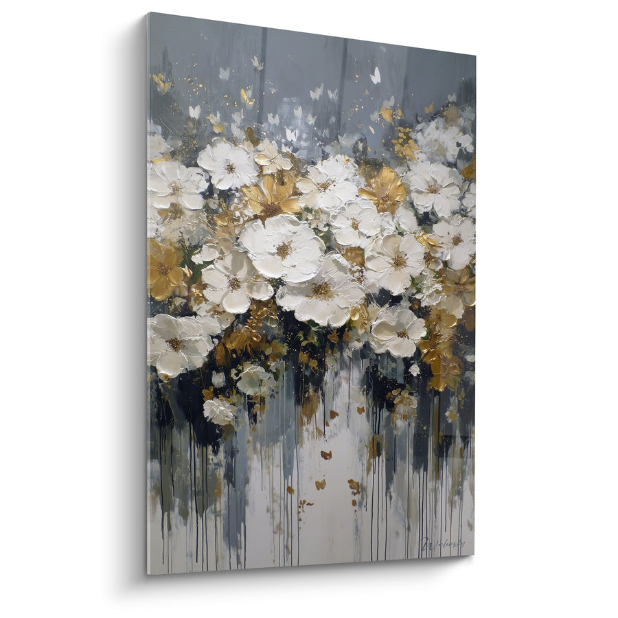 Tableau Fleurs Blanches et Dorées sur Fond Gris avec Papillons - Jardin Enchanteur - Edition Feng shui Ouest Métal