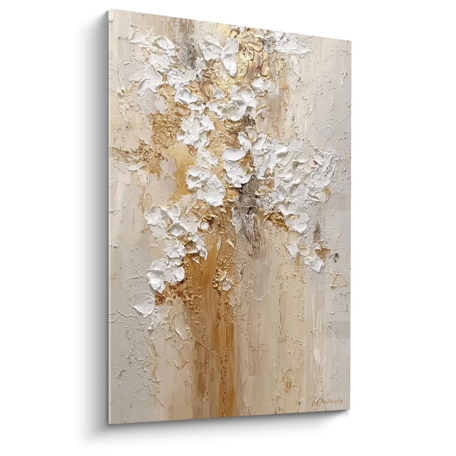 Tableau fleurs blanches et dorées en relief texturé - Éclat Naturel - Edition Feng shui Centre Terre