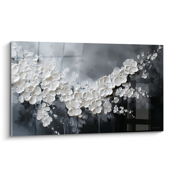 Tabel Bloemen Witte Sculpturen op Grijze Anthraciet Achtergrond - Monochroom Elegantie - Feng Shui Noordoost Metalen Editie