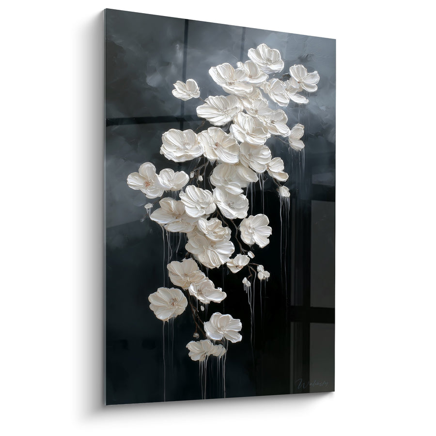 Obraz Kwiatów Białych Rzeźbiarskich na Ciemnym Tle - Metaliczna Elegancja - Edycja Feng Shui Północno-Zachodni Metal