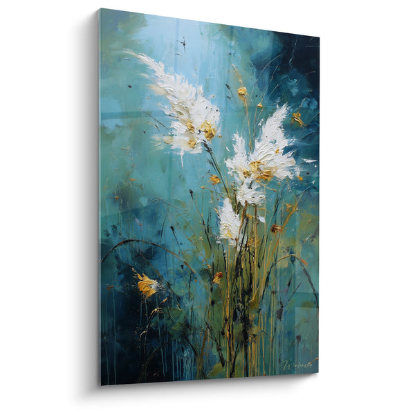 Schilderij Witte Bloemen op Turquoise en Groene Achtergrond - Wilde Zachtheid - Graminée Editie