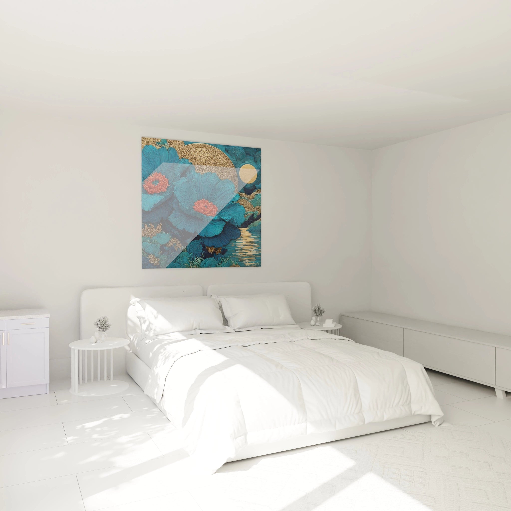 tableau fleurs bleues art nouveau Walensky accroche au dessus d un lit blanc minimaliste dans chambre lumineuse