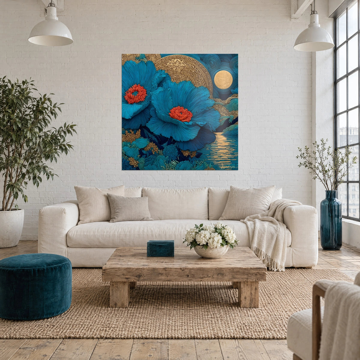 Cuadro de peonías turquesa con corazones coral, luna dorada y roseta cincelada, sobre un sofá en un salón luminoso