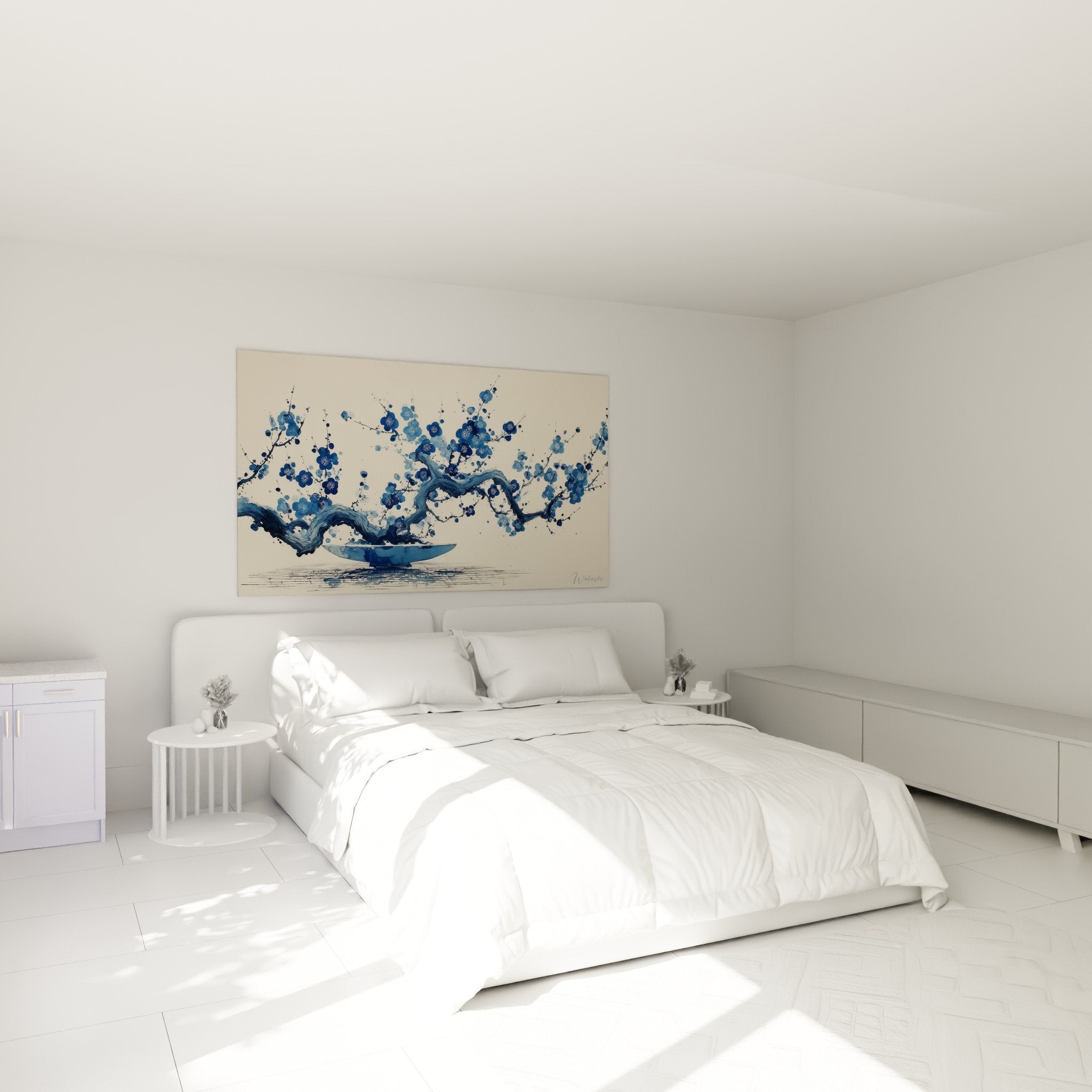 Japanese blue flowers artwork in modern bedroom zen wall art ikebana decoration