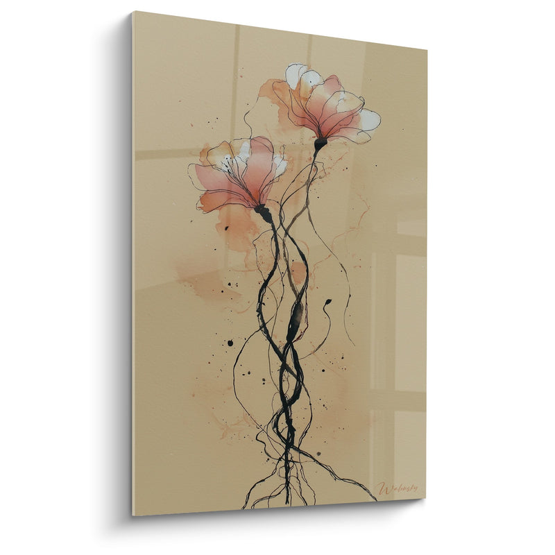 Gemälde zarte Blüten in Korall- und Beigetönen auf verflochtenen Stielen - Blütenharmonie - Ikebana Edition