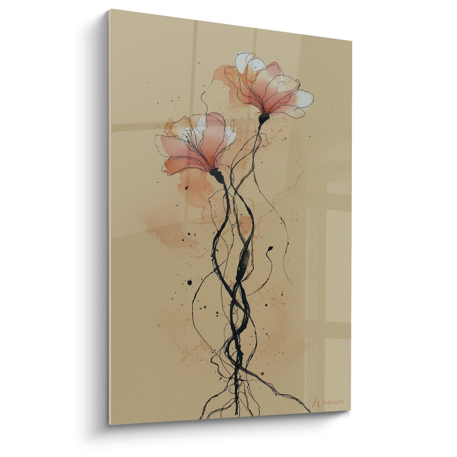 Tableau fleurs délicates aux teintes corail et beige sur tiges entrelacées - Harmonie florale - Edition Ikebana