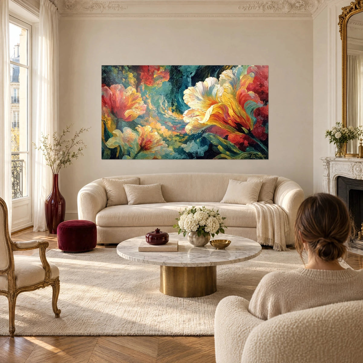 Wall art of parrot tulips in full bloom, ivory and orange petals in thick impasto, above a sofa in a bright living room