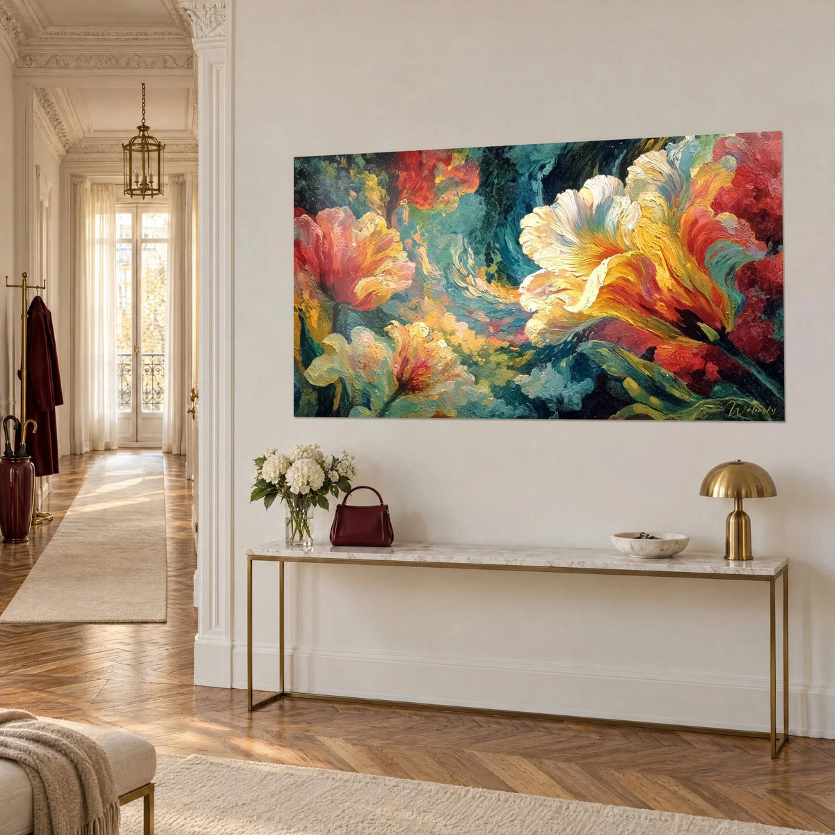 Wall art of a large cream and amber bloom painted with a palette knife on deep turquoise, three-quarter view, Haussmann-style wall