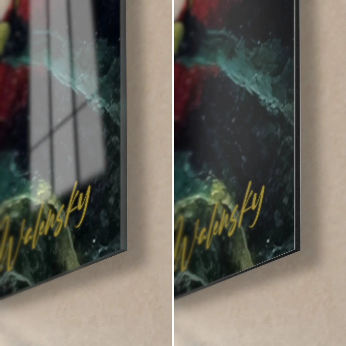 Wall art of flowers in thick paint, lower right corner: gold signature on dark turquoise, glossy glass and matte Dibond