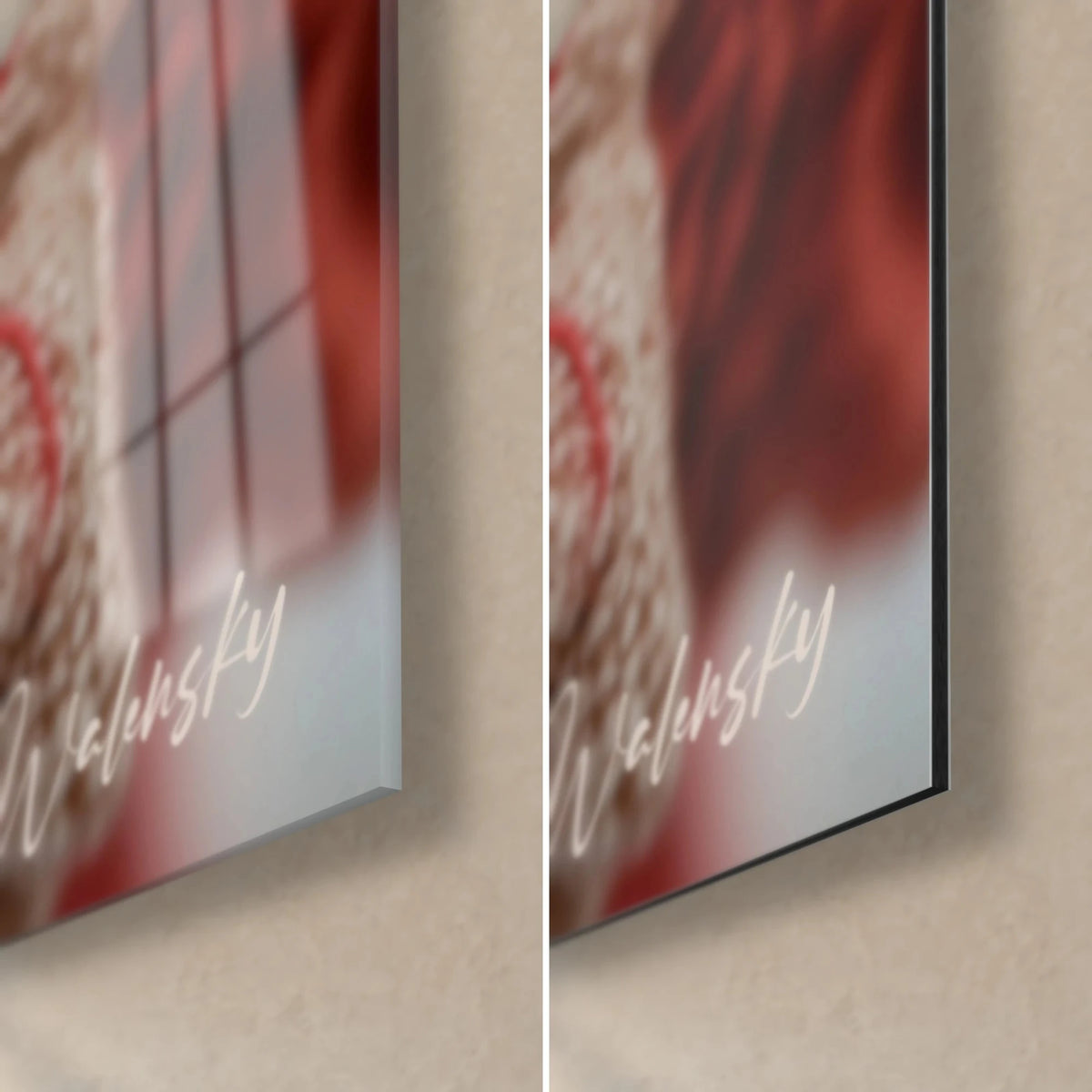 Gemälde Wollblumen in zartrosa und Rot, untere rechte Ecke: glänzendes Acrylglas links, matte Dibond-Aluminiumplatte rechts