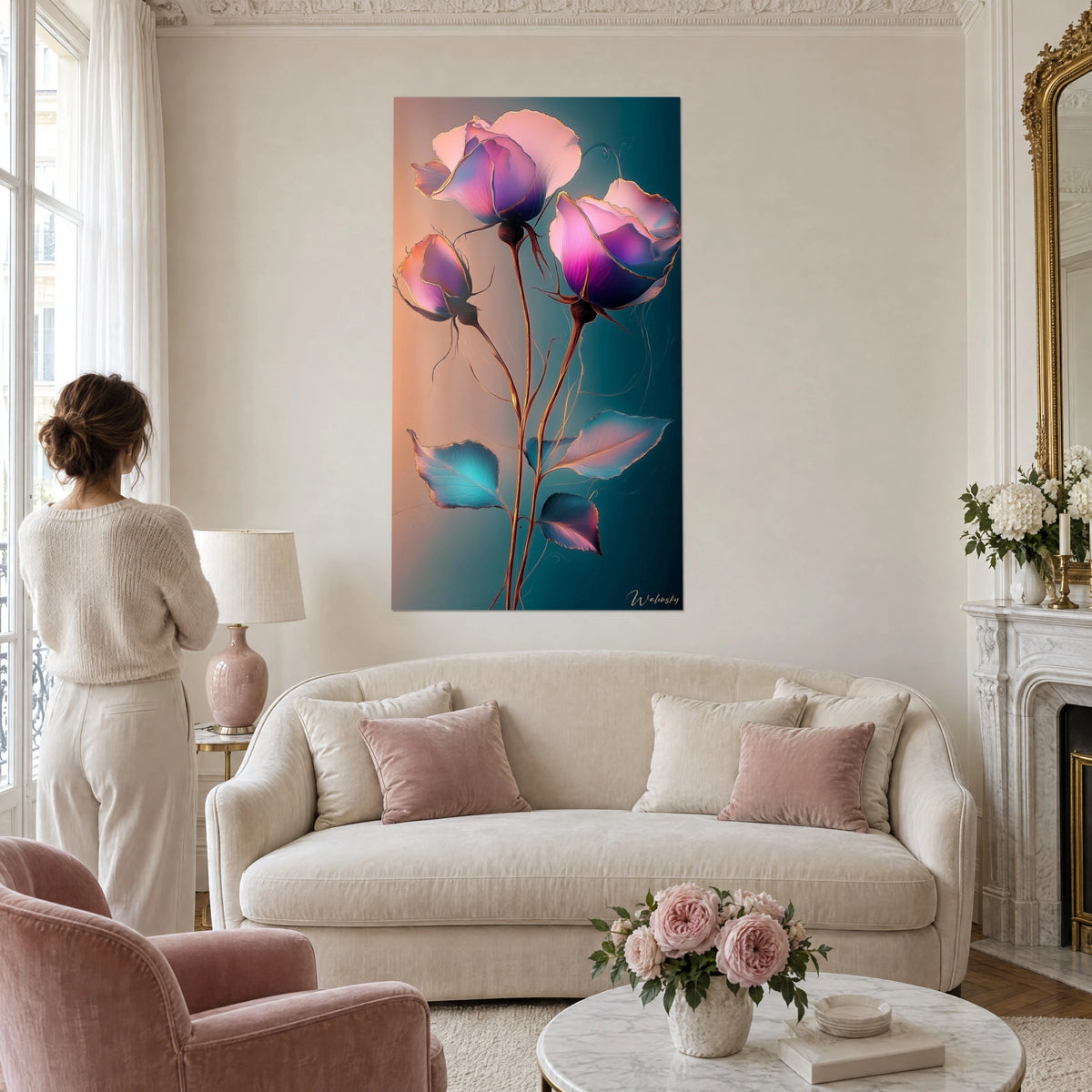 Gemälde mit blassrosa Rosen mit violetten Blütenblättern auf türkisfarbenem Hintergrund, feine kupferfarbene Stiele, über einem Sofa in einem hellen Wohnzimmer
