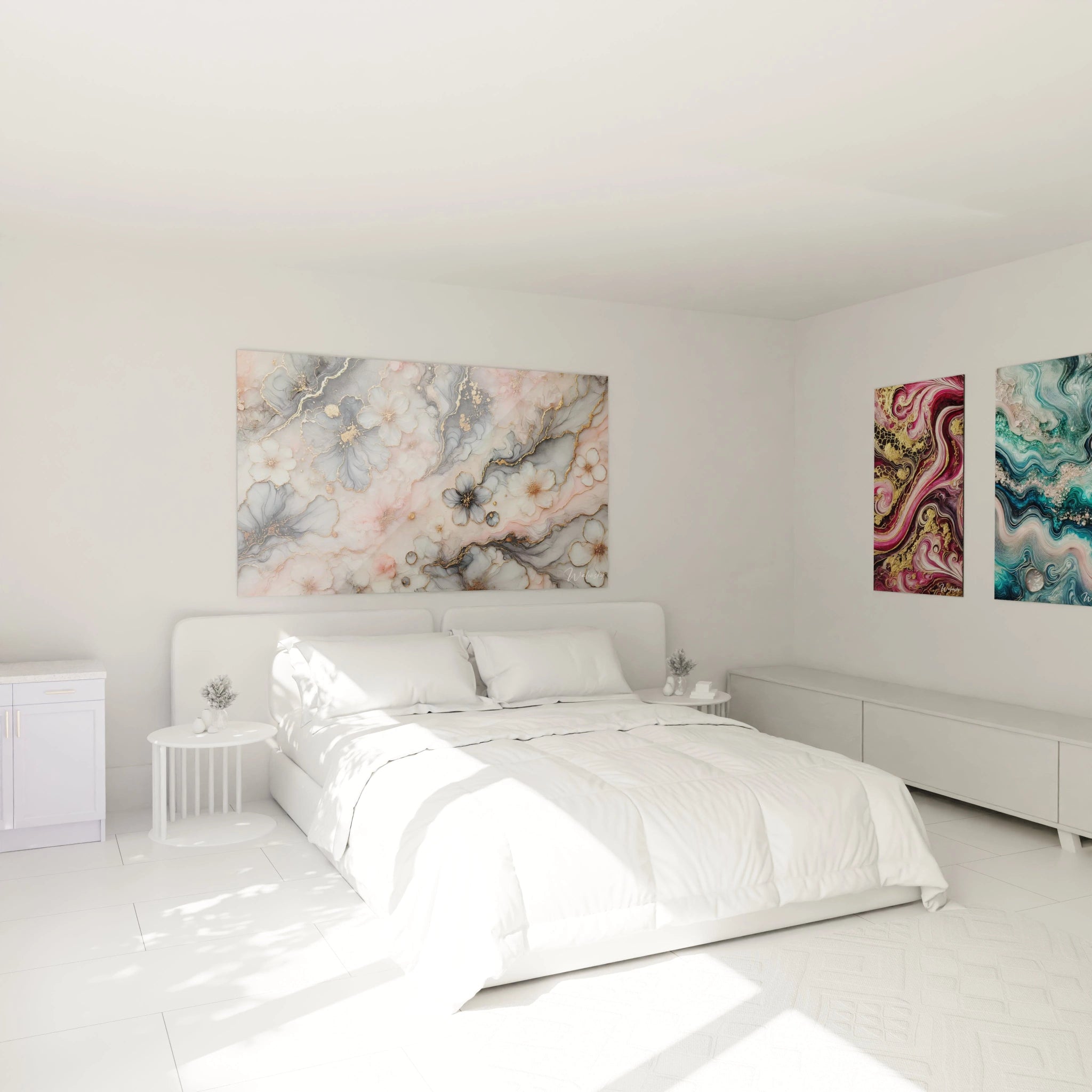 Tableau style epoxy suspendu au-dessus du lit dans une chambre, créant une ambiance douce avec ses teintes pastel et ses lignes dorées, ajoutant une touche de sérénité à la pièce.

