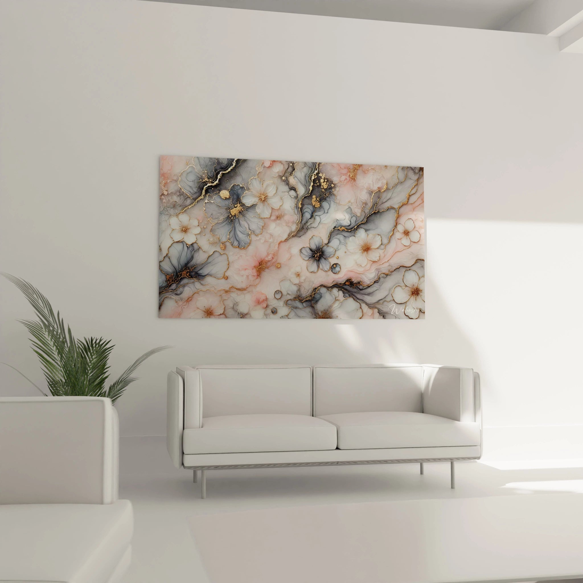 Tableau style epoxy installé dans un salon au-dessus du canapé, apportant une atmosphère apaisante et élégante grâce à ses fleurs délicates et ses éclats dorés. Parfait pour sublimer votre décor.

