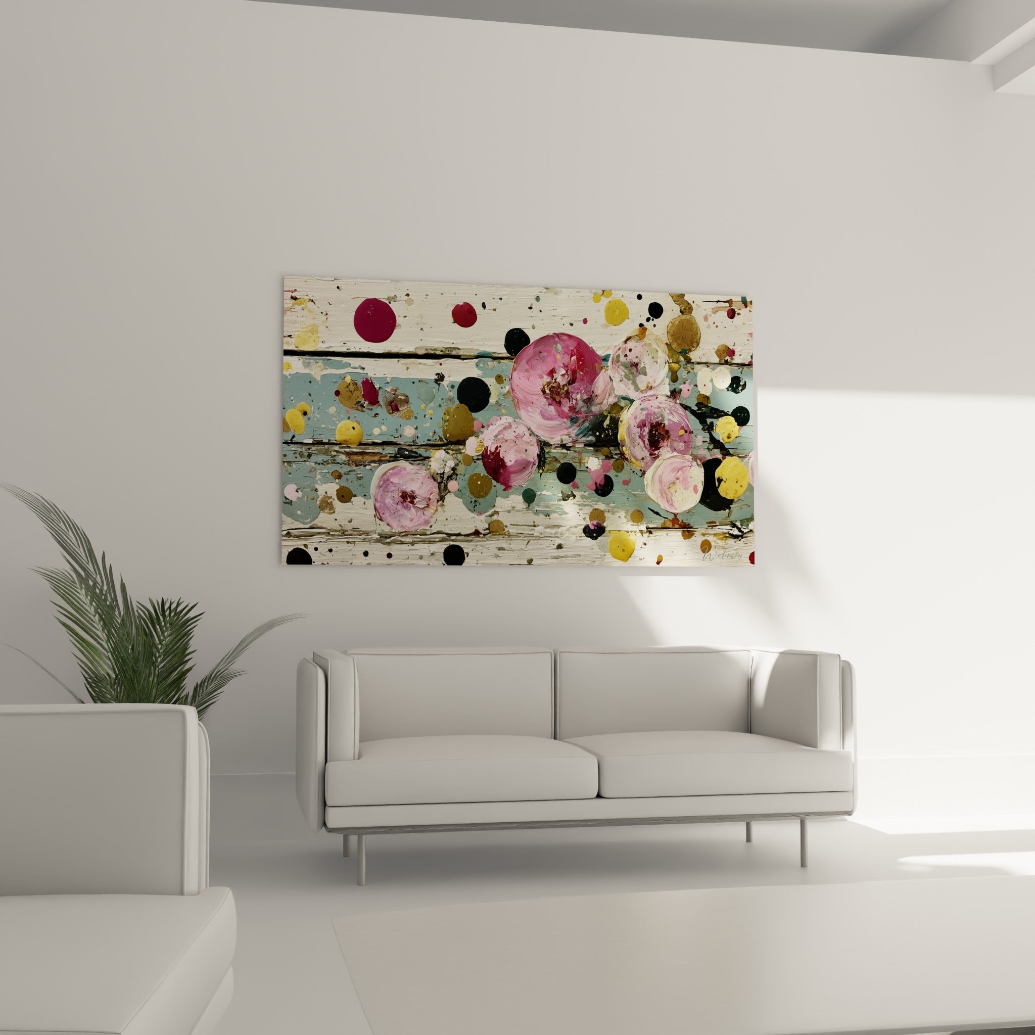 Roses vibrantes en magenta et rose sur planches bleu pastel, au-dessus d'un canapé dans un salon lumineux