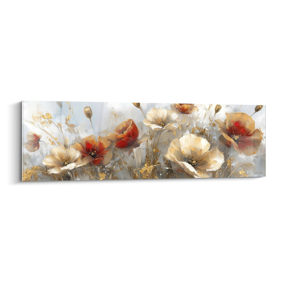 Tableau Fleurs Dorées et Rouge sur Fond Gris Clair - Éclat Floral - Edition Coquelicot