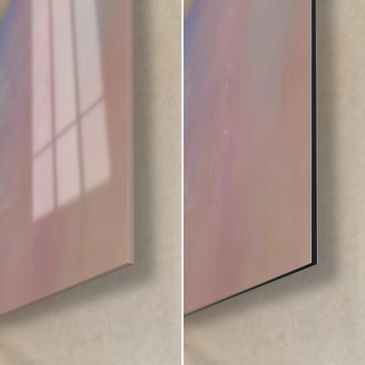 Gemälde Schwan in Spachteltechnik, untere rechte Ecke: glänzendes puderrosa Acrylglas links, matt Dibond und 3 mm schwarze Kante rechts