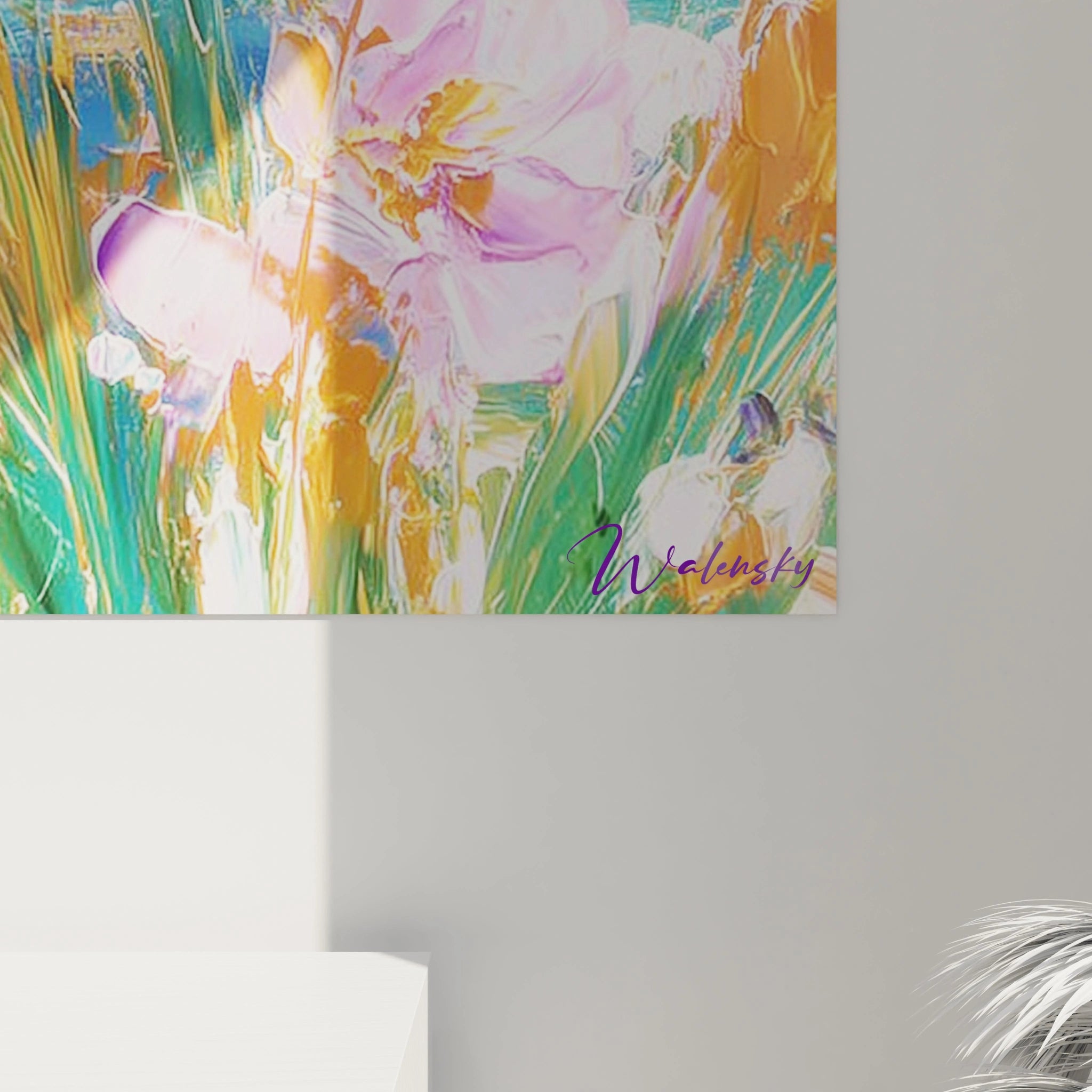 Tableau mural Walensky mettant en valeur tableau impressionnisme fleurs violettes dorées sur fond turquoise mosaïque