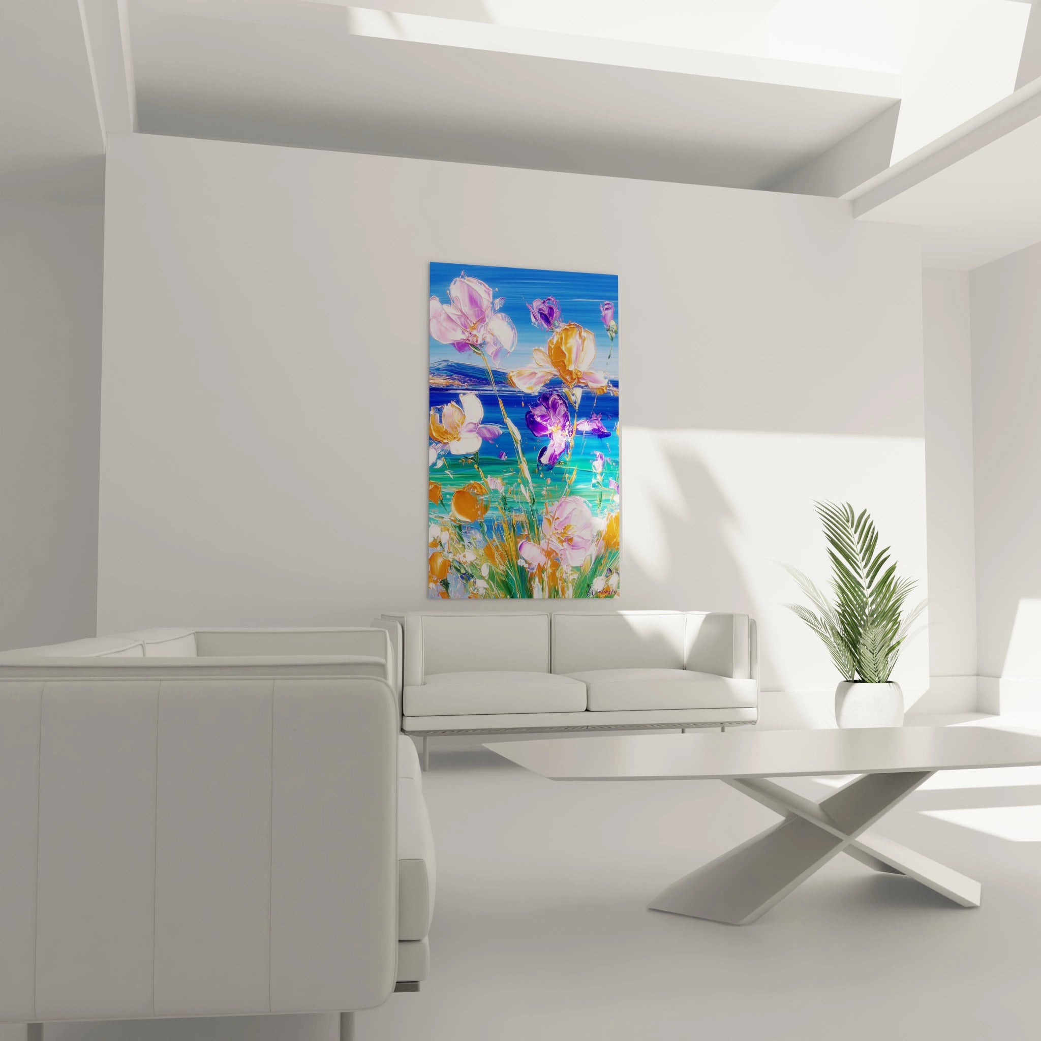 Tableau mural Walensky portrait femme rousse en profil sur fond floral jaune et vert tableau impressionnisme fleurs violettes