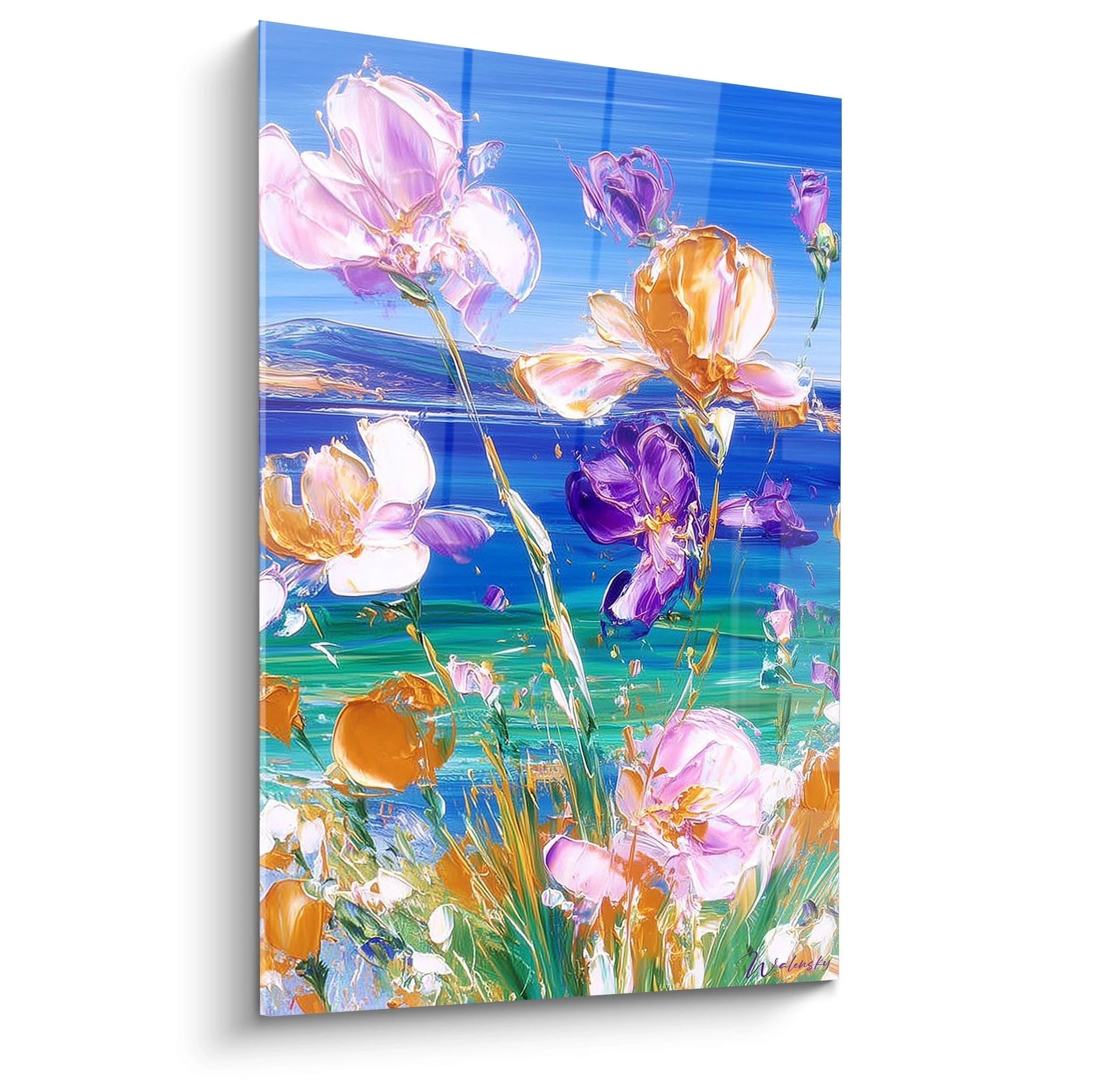Tableau mural Walensky tableau impressionnisme fleurs violettes roses et oranges sur fond marin bleu turquoise